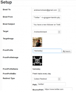The template settings for the Twitter template where the "fromProfile" field has been entered by the attacker