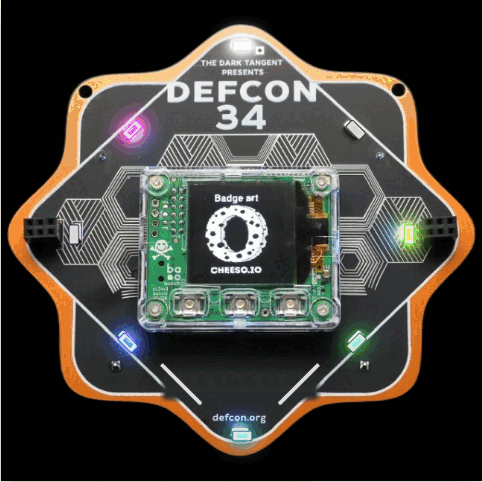 Animated Apex rainbow gene and white chaser moving across the DC34 badge's eight perimeter LEDs.