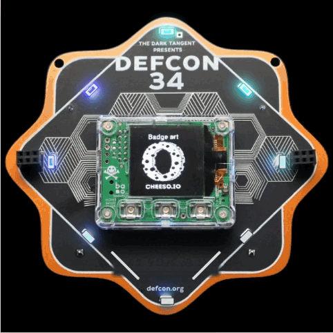 Animated blue and cyan baseline styled after the normal DC34 badge look across its eight perimeter LEDs.