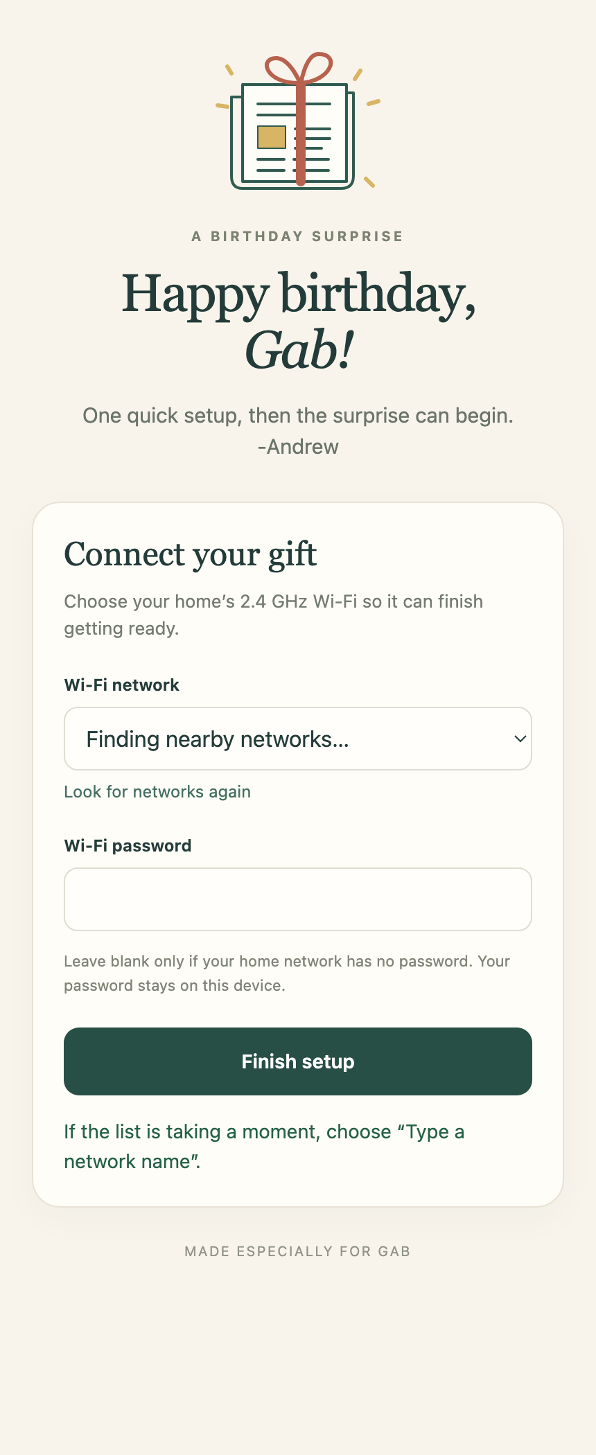 Phone-sized preview of the GabBirthday captive portal with home Wi-Fi selection and password fields.
