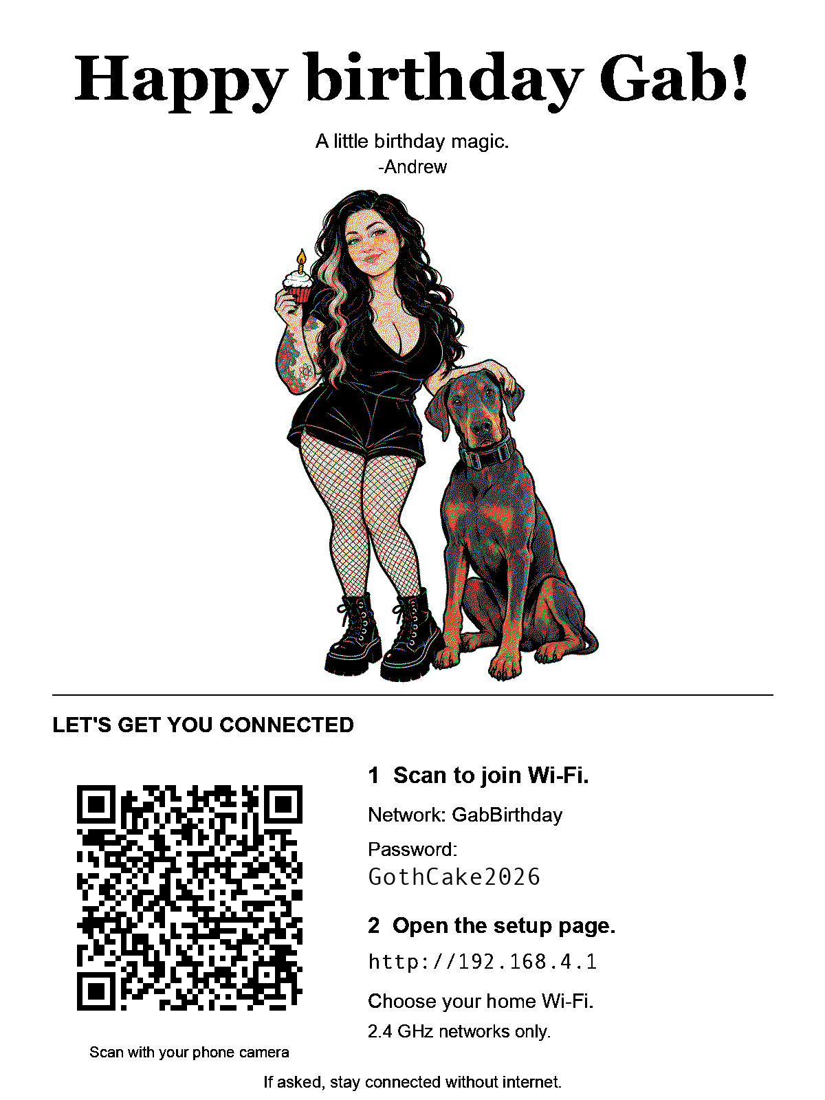 Gab's Wi-Fi setup screen with birthday artwork, a sample Wi-Fi QR code and setup instructions.