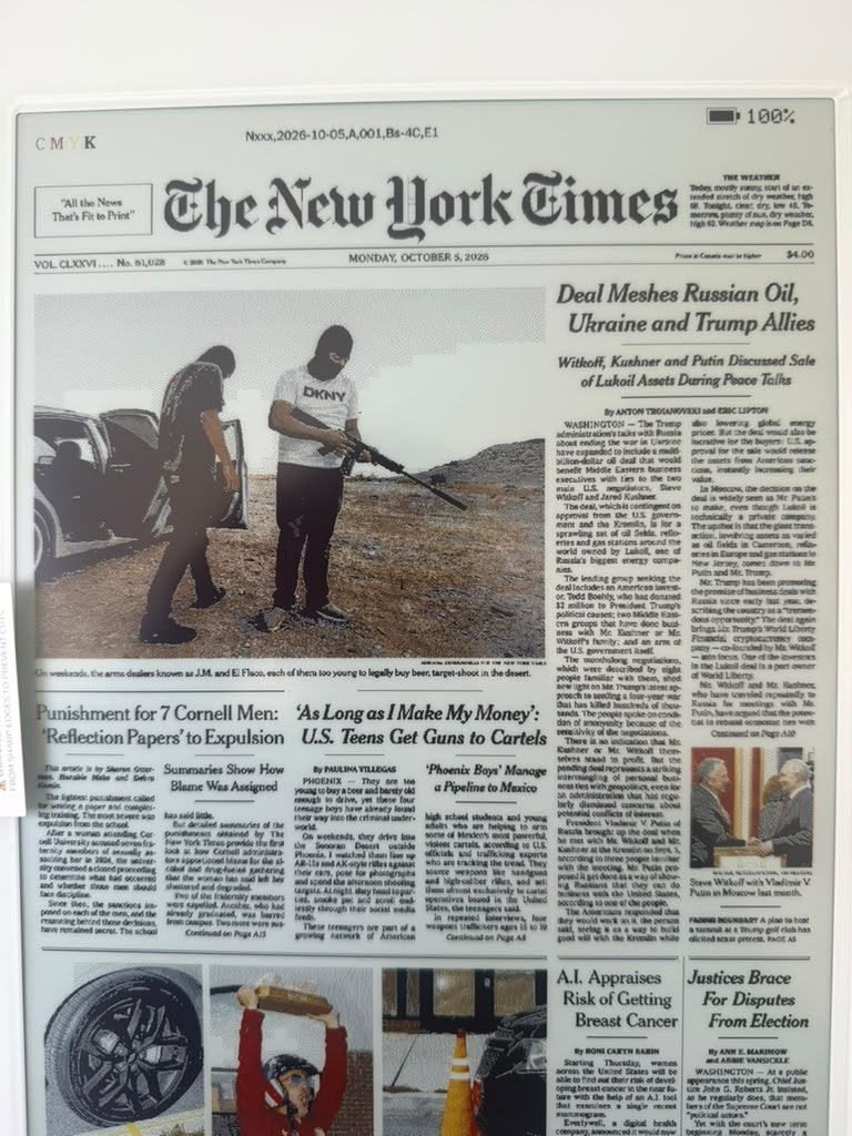 The improved New York Times front page displayed on the E1004 after the rendering changes.